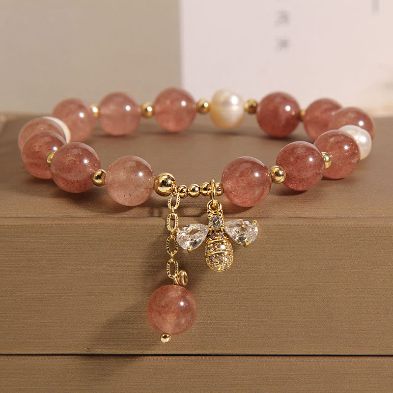 Strawberry Quartz Pearl Positive Energy Charm Bracelet