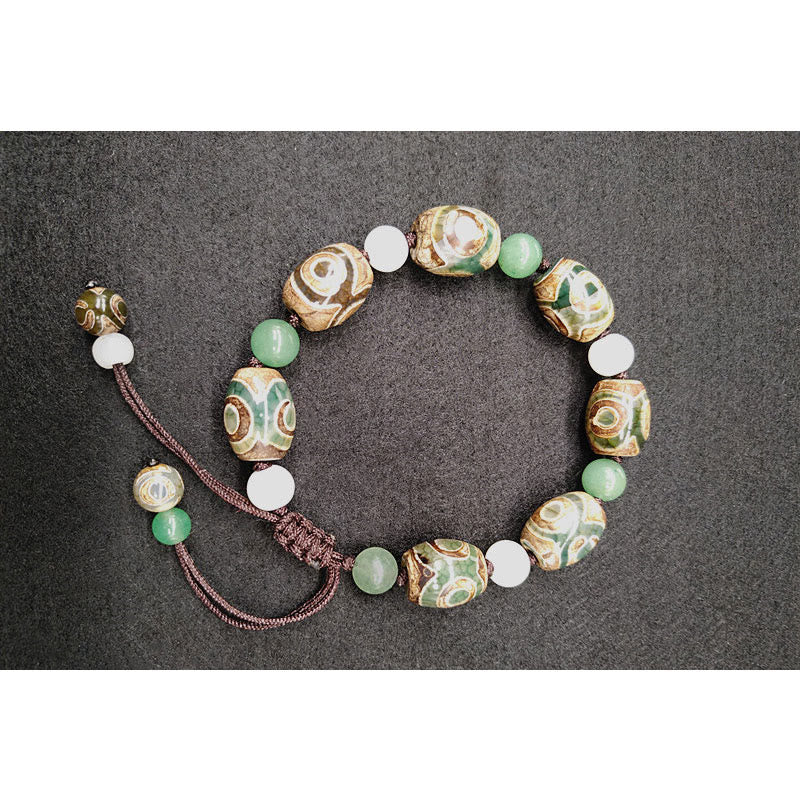 Three-eyed Dzi Bead Agate Bracelet for Luck & Protection