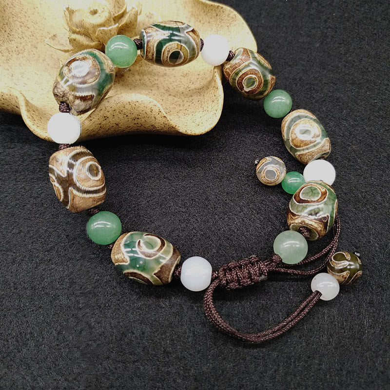 Three-eyed Dzi Bead Agate Bracelet for Luck & Protection