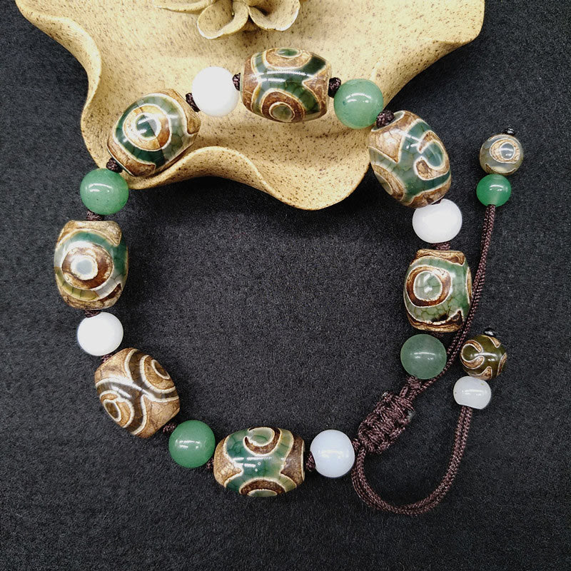 Three-eyed Dzi Bead Agate Bracelet for Luck & Protection