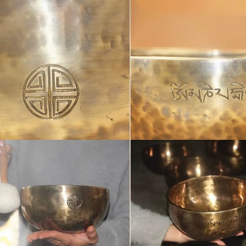 Tibetan Singing Bowl featuring traditional symbols and script for meditation and healing