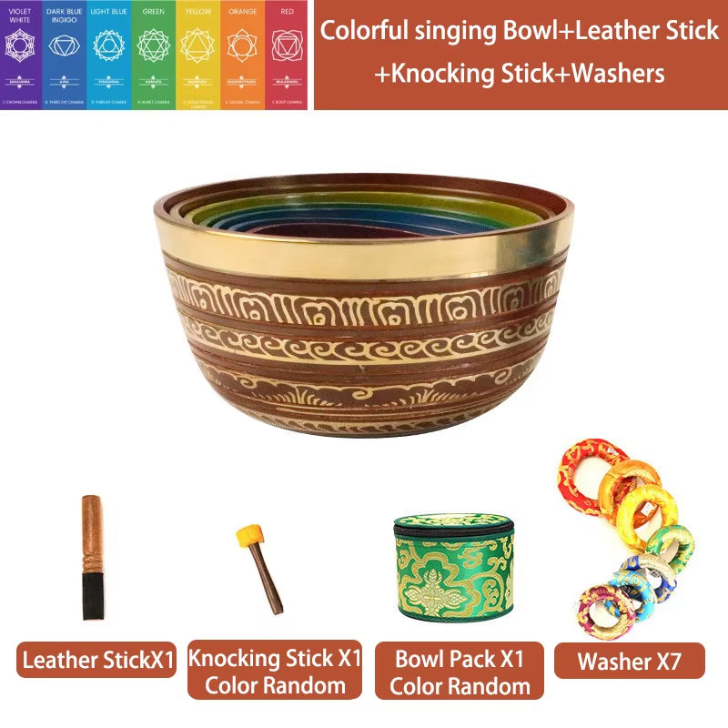 Rainbow-colored Tibetan Singing Bowl with etched patterns for healing and meditation