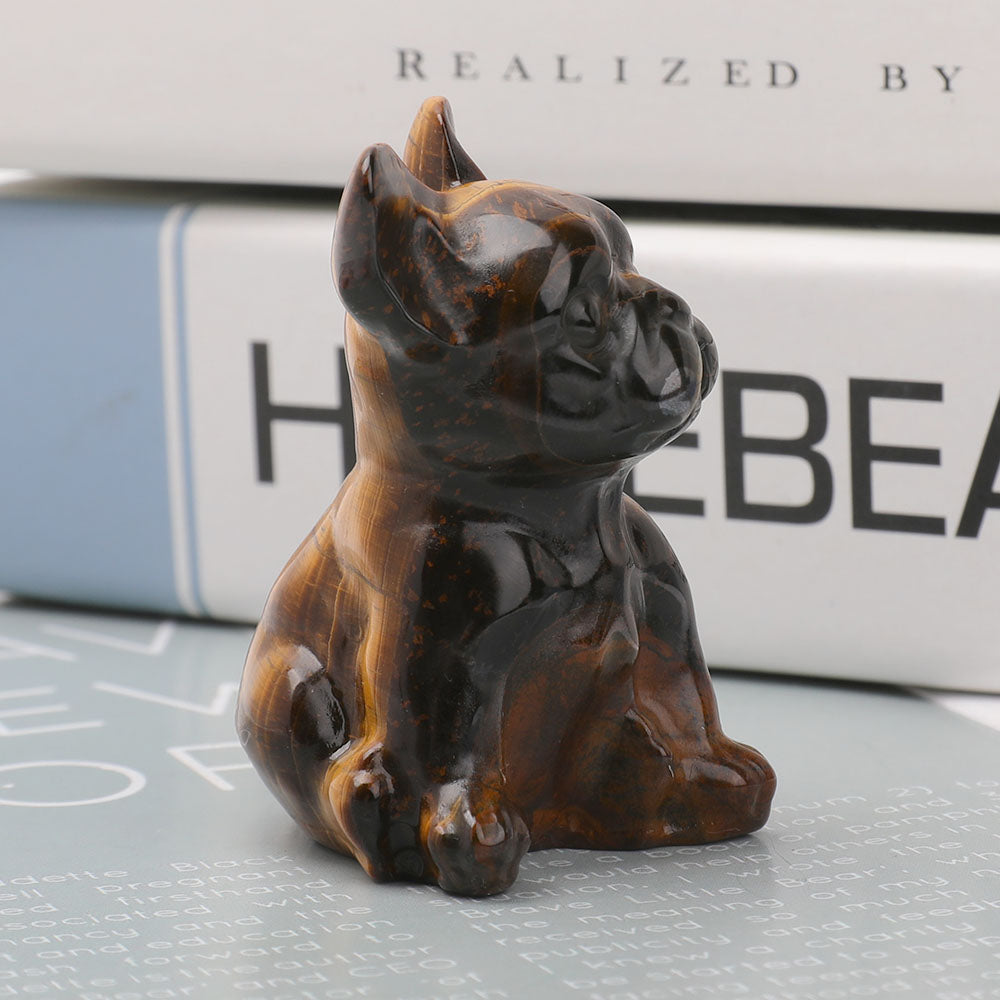 Tiger Eye Hand-Carved Bulldog Crystal Dog Figurine 2.37-2.45in