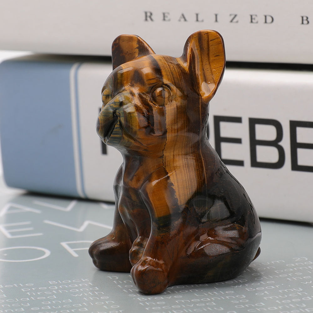 Tiger Eye Hand-Carved Bulldog Crystal Dog Figurine 2.37-2.45in
