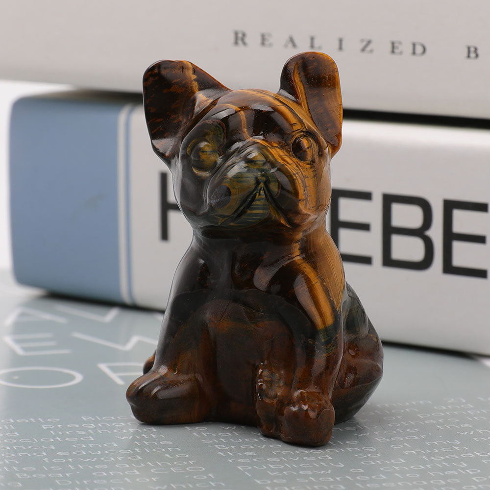 Tiger Eye Hand-Carved Bulldog Crystal Dog Figurine 2.37-2.45in