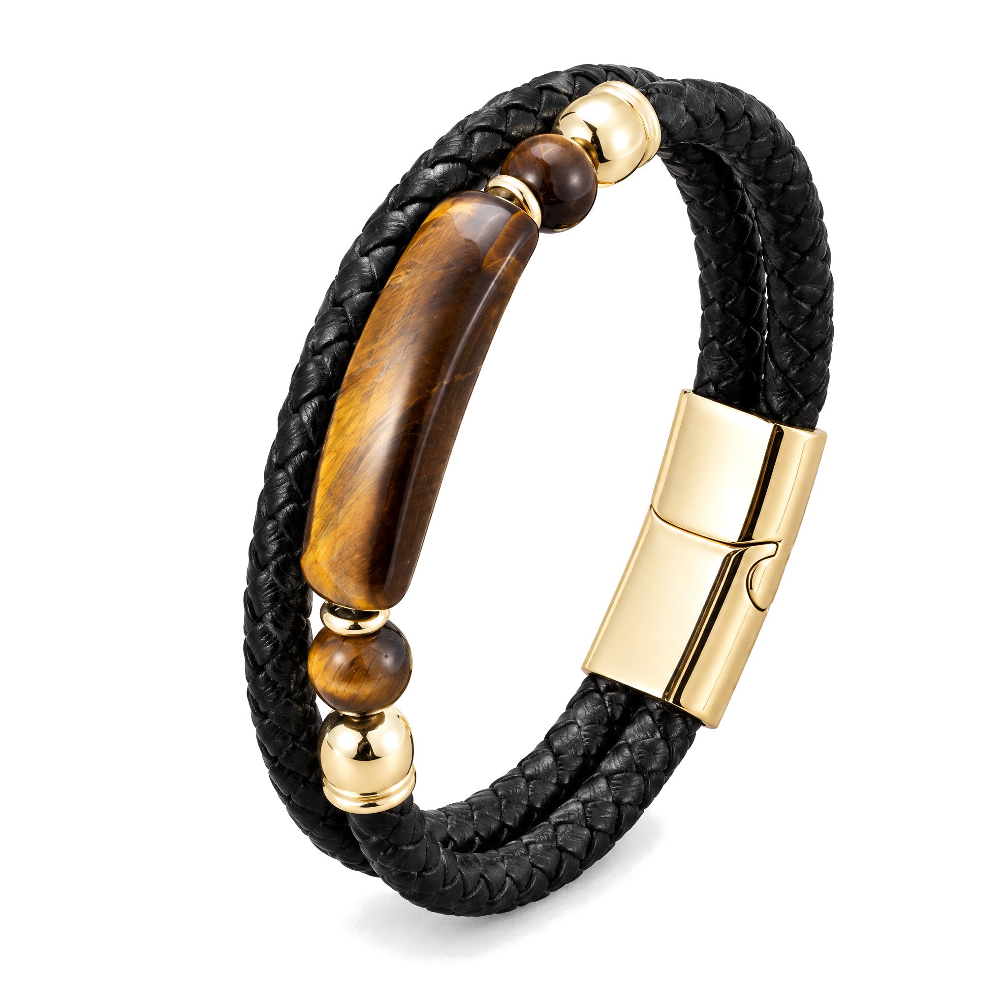 Gold Tiger Eye Leather Bracelet with Magnetic Buckle for Luck & Protection, on a white background