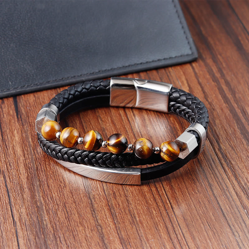 Tiger Eye Multi-Layered Leather Bracelet for Grounding & Power