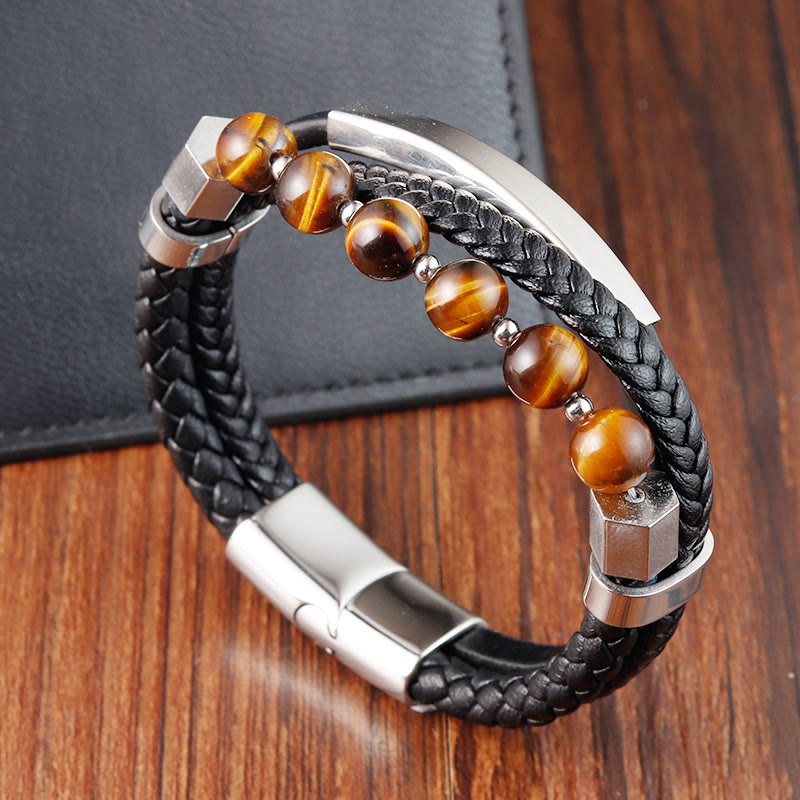 Tiger Eye Multi-Layered Leather Bracelet for Grounding & Power