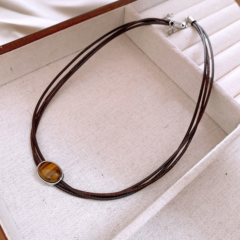 Tiger Eye Necklace with Wax Rope Pendant