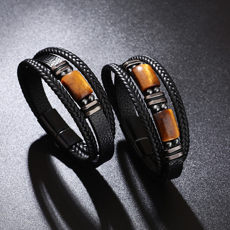 Tiger Eye Power Magnetic Buckle Leather Bracelet