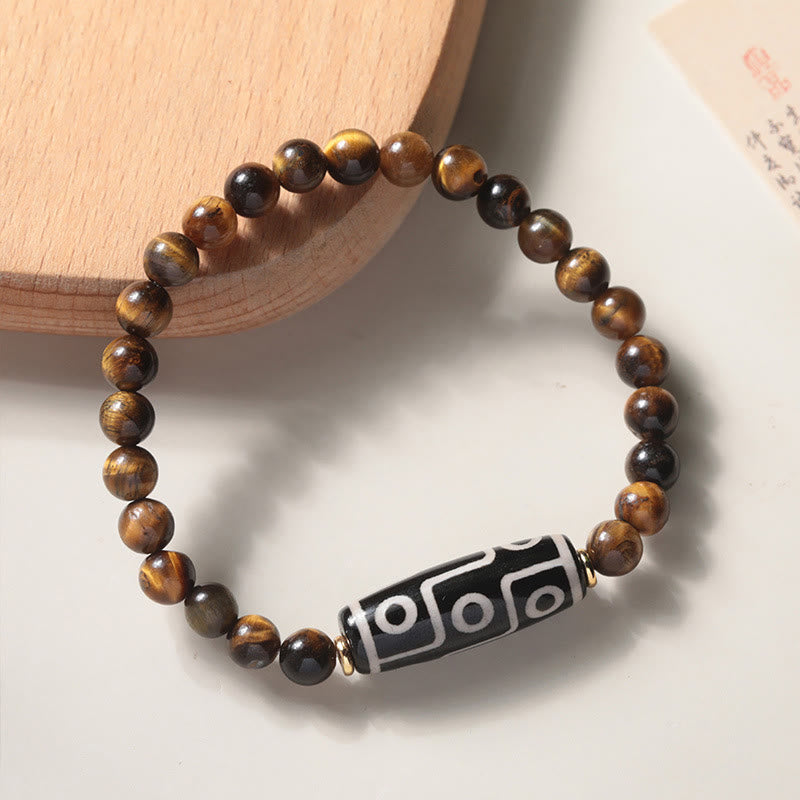 Tiger Eye Protection Bracelet with Nine-Eye Dzi and Tourmaline Beads