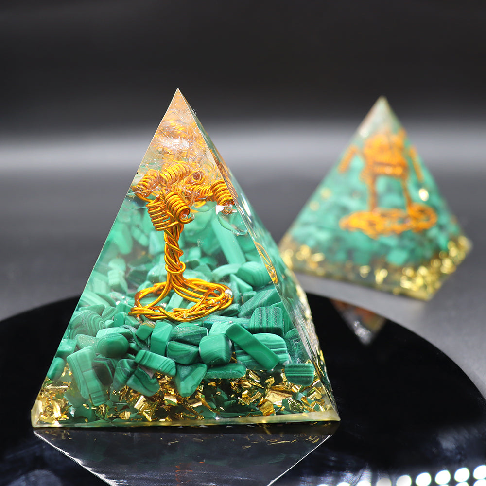 Tree of Life Malachite Crystal Pyramid 3x4.5in Healing