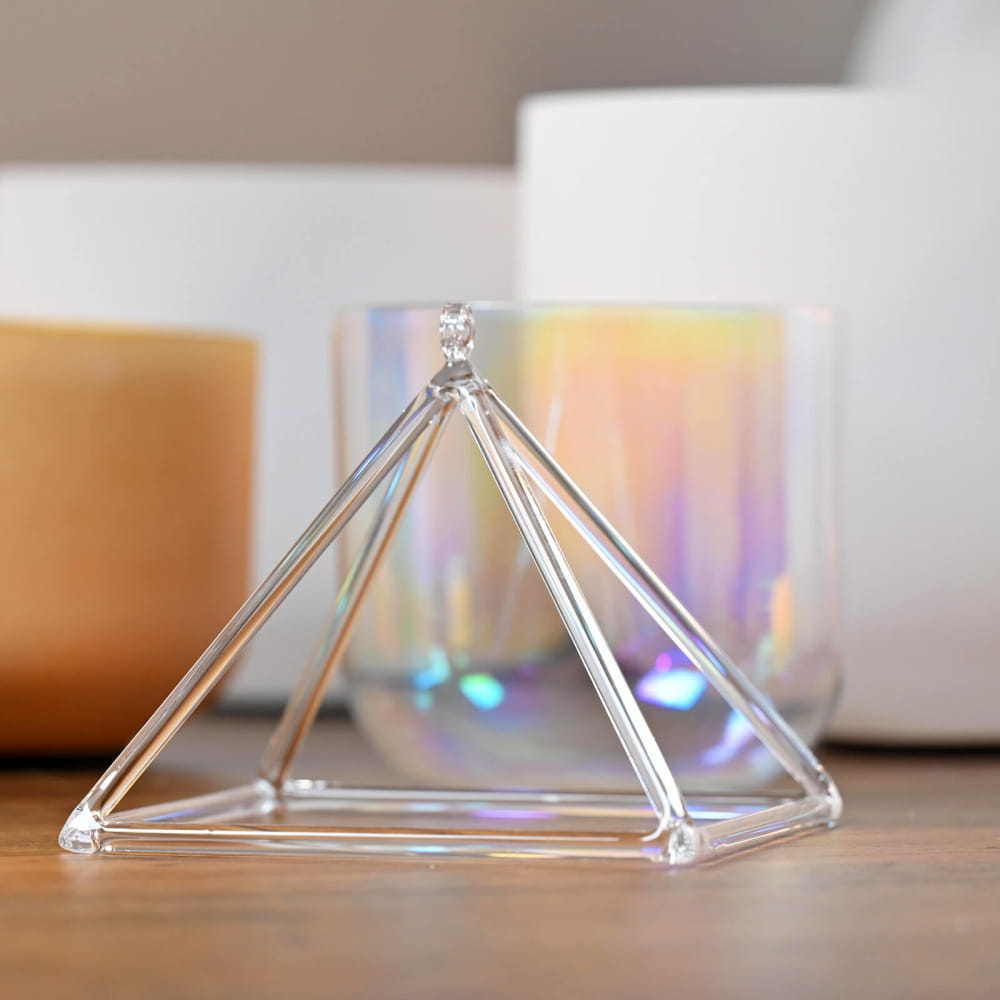 Clear crystal pyramid with geometric edges in Triangle Crystal Singing Pyramid