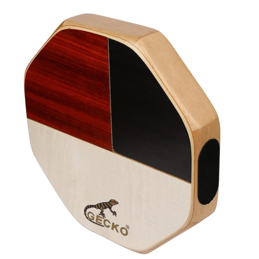 Octagonal wooden cajon drum with Gecko logo and red-black design in gift box