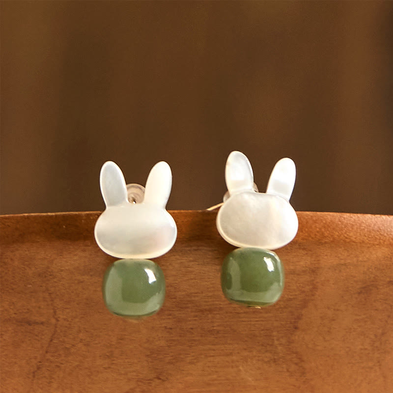 Tridacna Stone & Hetian Jade Lucky Rabbit Earrings