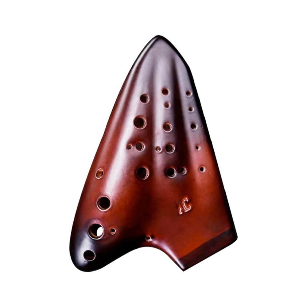 Triangular brown ceramic ocarina flute with multiple finger holes for music enthusiasts