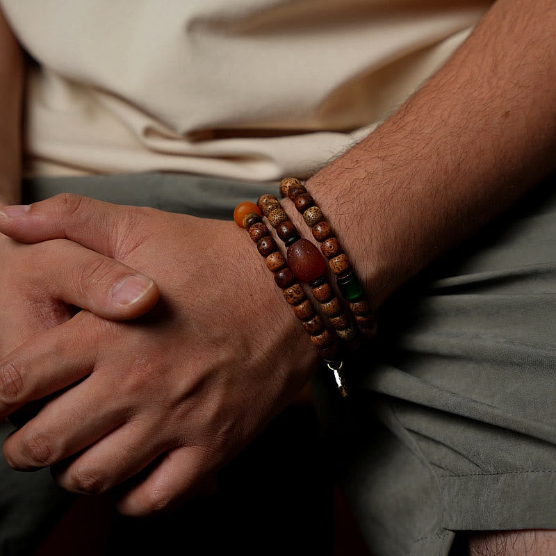 Triple Wrap Agate Bracelet with Bodhi Seed & Amber Beads