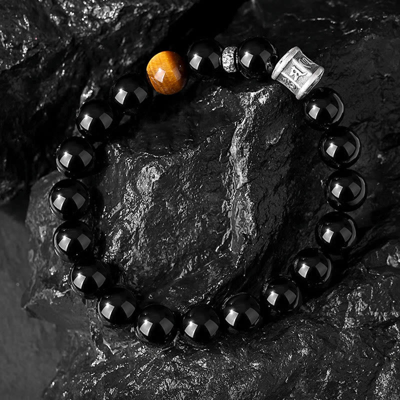 Unisex 10mm Black Obsidian Om Mani Padme Hum Bracelet