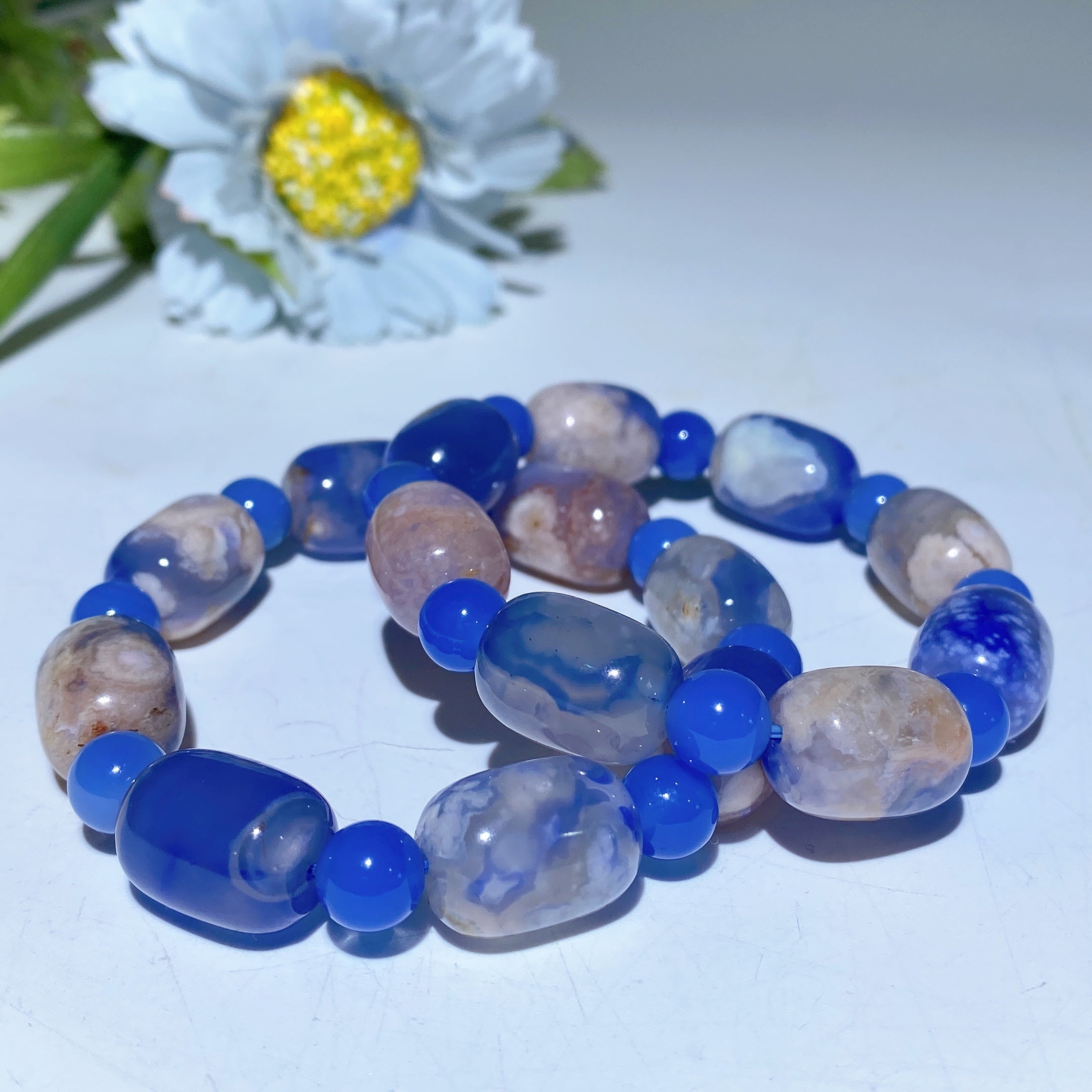 Unisex 8-16mm Rose Quartz Jadeite Blue Flower Agate Bracelet for Healing