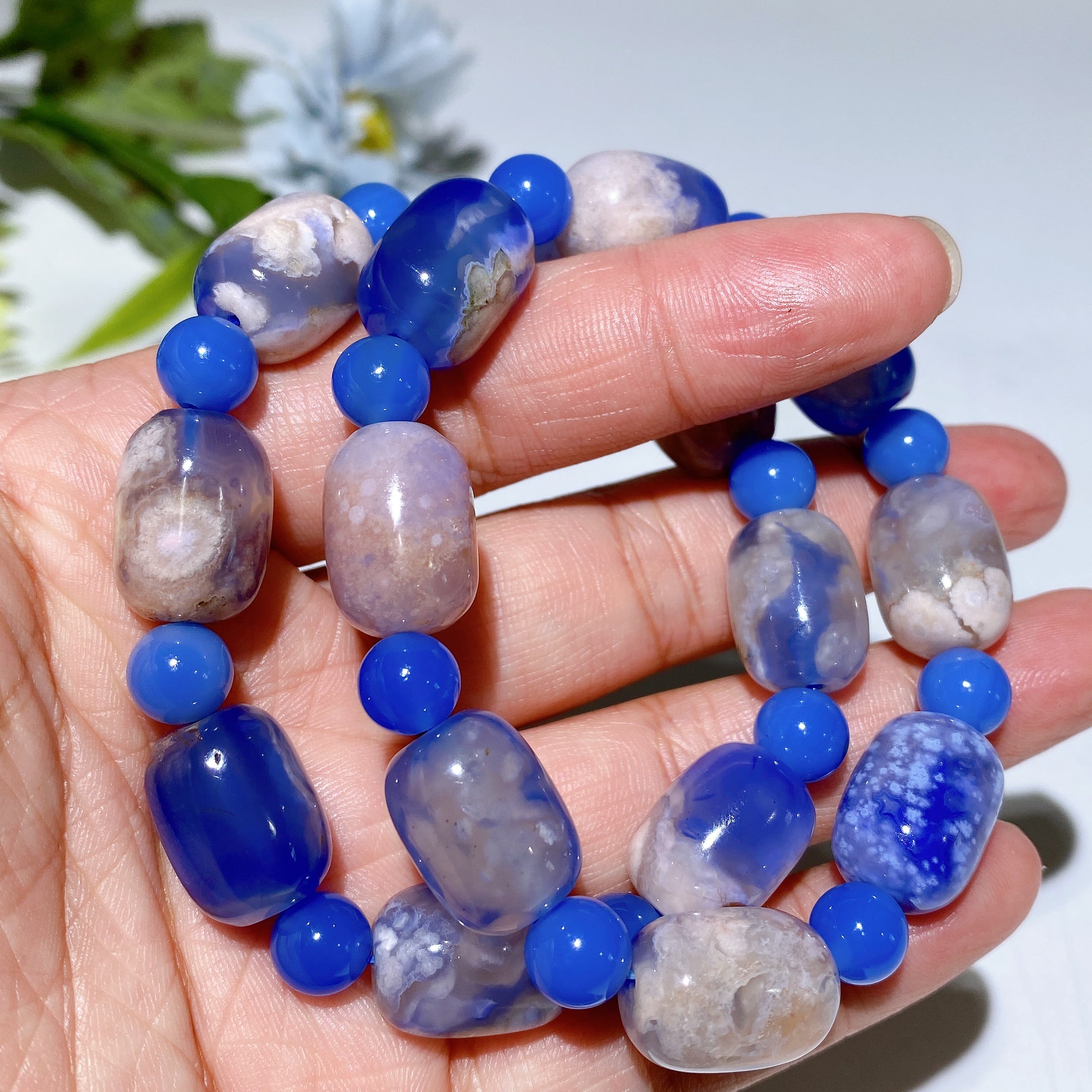 Unisex 8-16mm Rose Quartz Jadeite Blue Flower Agate Bracelet for Healing