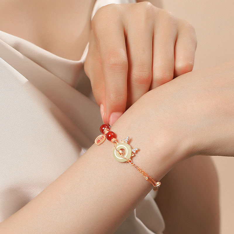 Unisex 925 Sterling Silver Dragon Bracelet with Red Agate & Hetian Jade