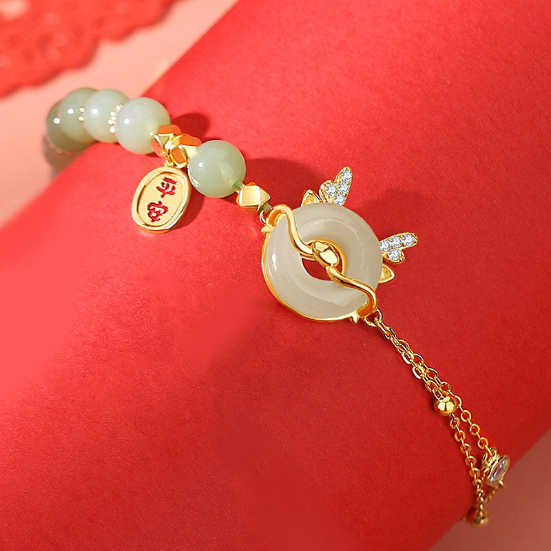 Unisex 925 Sterling Silver Dragon Bracelet with Red Agate & Hetian Jade