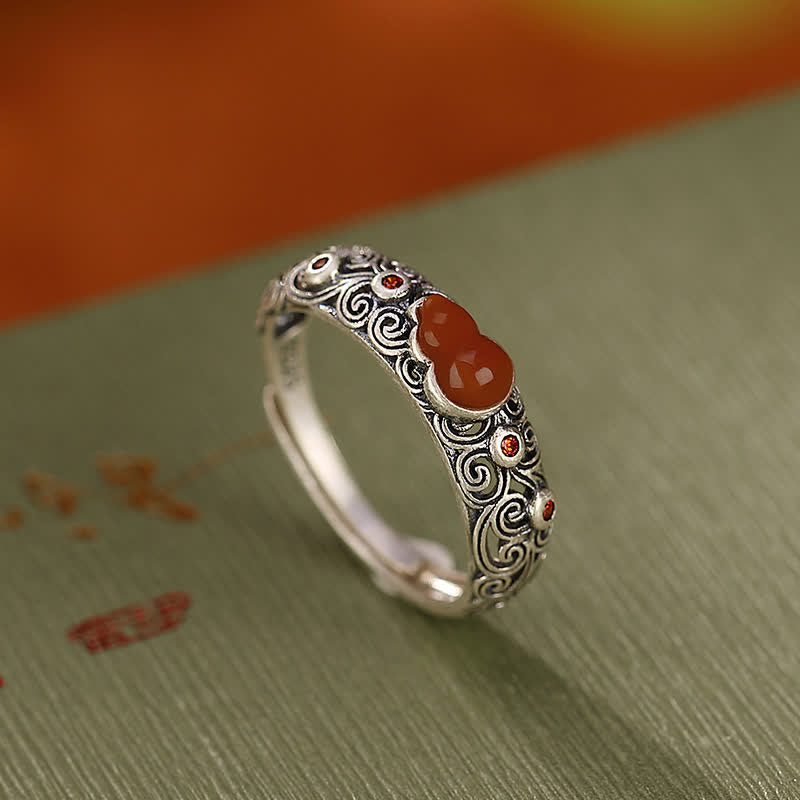 Unisex 925 Sterling Silver Jade Ring with Red Agate and Cyan Jade Blessing