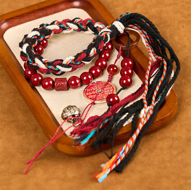 Unisex Cinnabar Protection Bracelet with Tibetan Red Rope Tassel