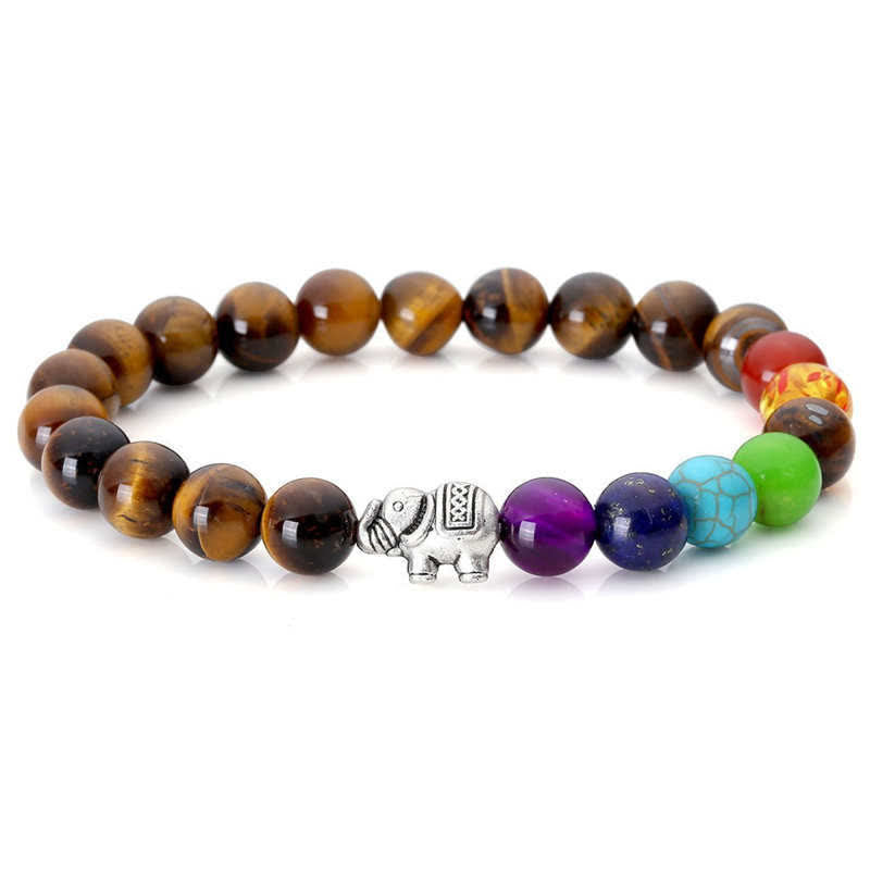 Unisex Elephant Bracelet with Lava Rock and Tiger Eye for Healing and Peace