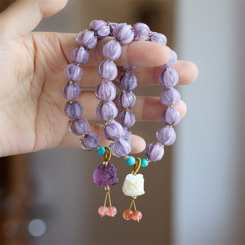 Unisex Fluorite Bracelet with Liuli Glass Beads & Dancing Lion Charm