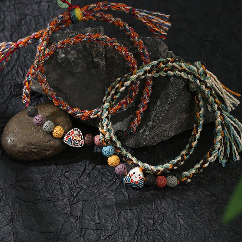 Unisex Lava Rock Fu Character Luck Braided Bracelet