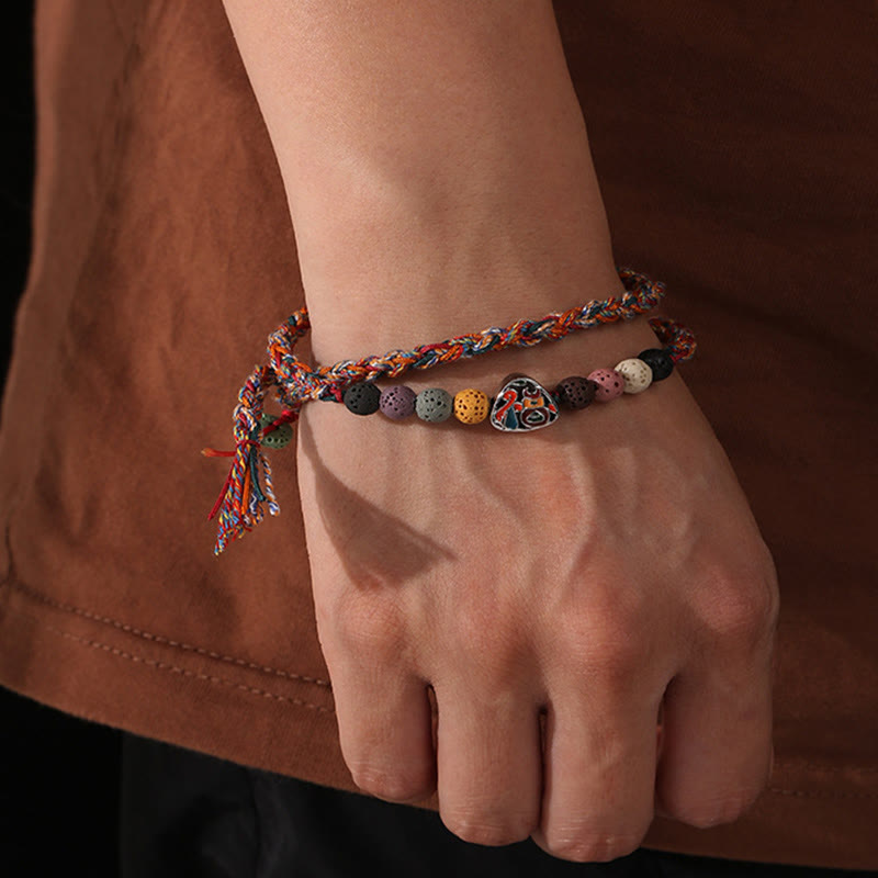 Unisex Lava Rock Fu Character Luck Braided Bracelet
