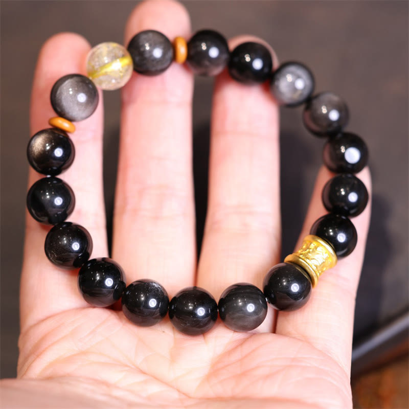 Unisex Silver Sheen Obsidian Om Mani Padme Protection Bracelet
