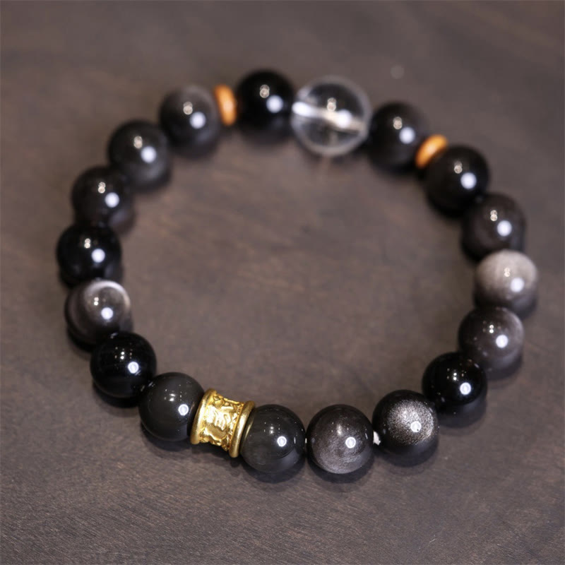 Unisex Silver Sheen Obsidian Om Mani Padme Protection Bracelet
