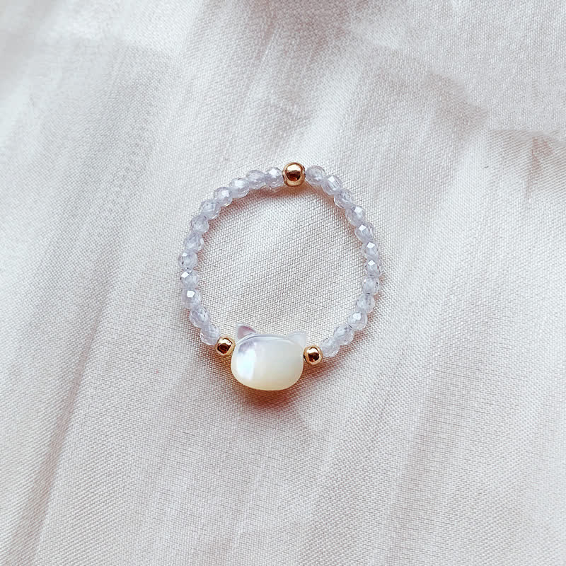 Unisex Tridacna Stone Cat 14K Gold Spiritual Ring