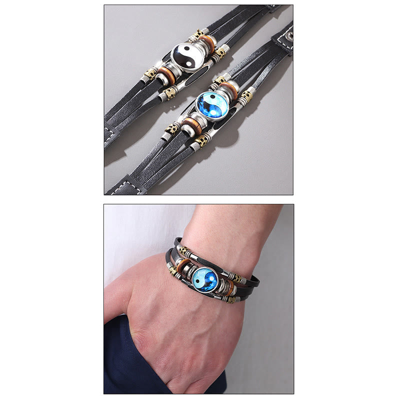 Unisex Yin Yang Leather Balance Bracelet 21.5cm