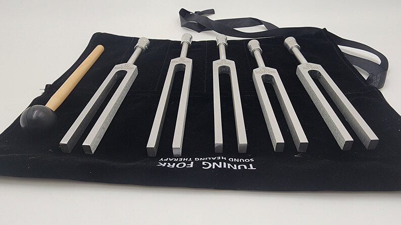Set of five Unweighted Sharp Tuning Forks in a black fabric case with Gem Feet