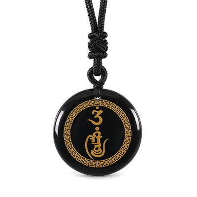 Vajra Swastika Pattern Black Obsidian Protection Necklace, Black Obsidian, on a white background
