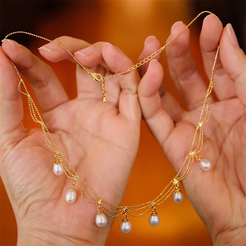 Vintage 14K Gold Plated Pearl Healing Multilayer Necklace