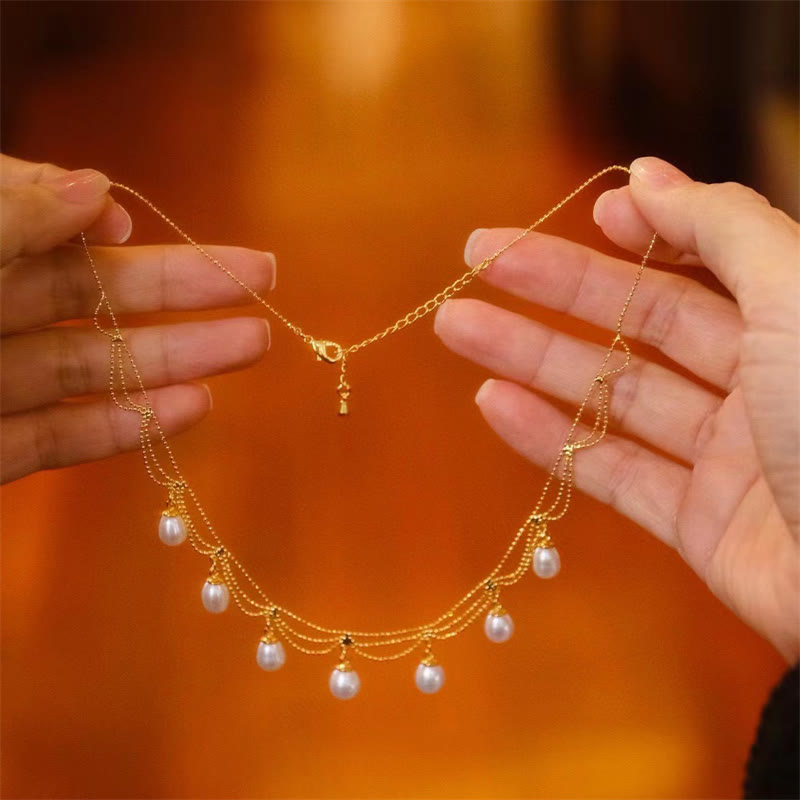 Vintage 14K Gold Plated Pearl Healing Multilayer Necklace