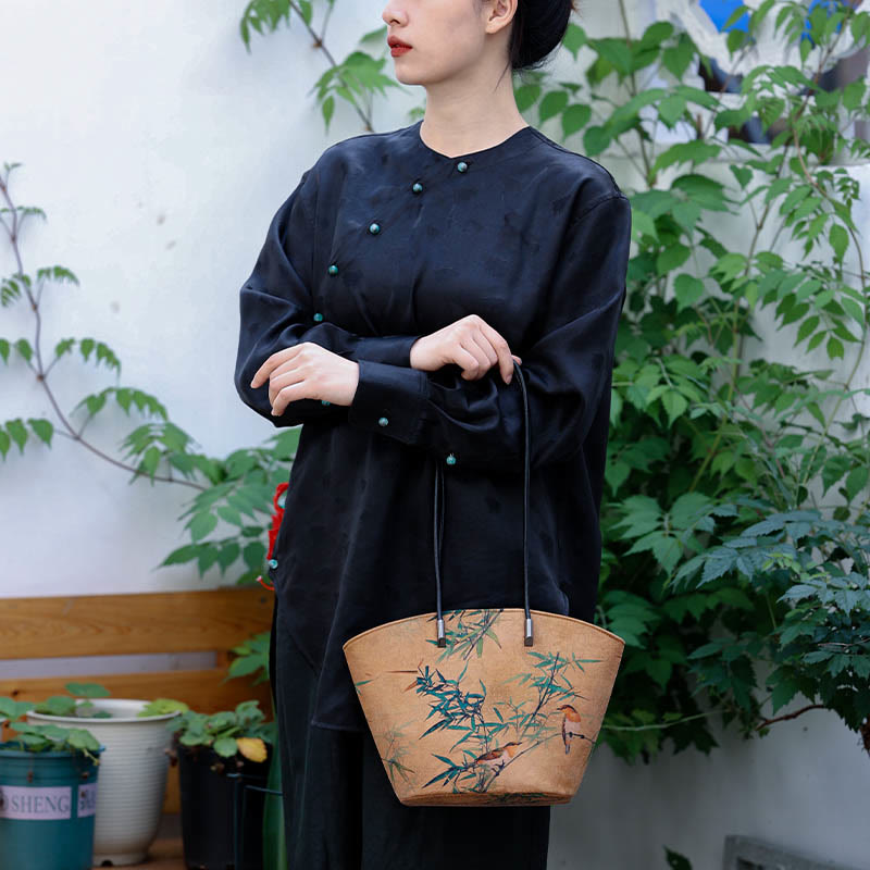 Vintage Bamboo Magpie Large Capacity Shoulder Bag with Peony Butterfly