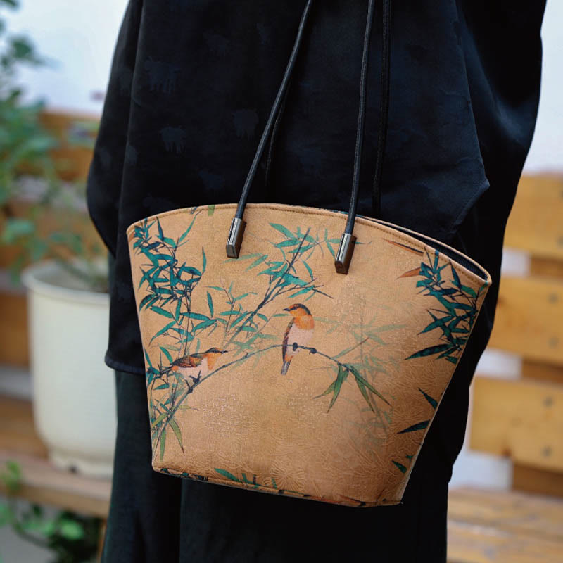 Vintage Bamboo Magpie Large Capacity Shoulder Bag with Peony Butterfly