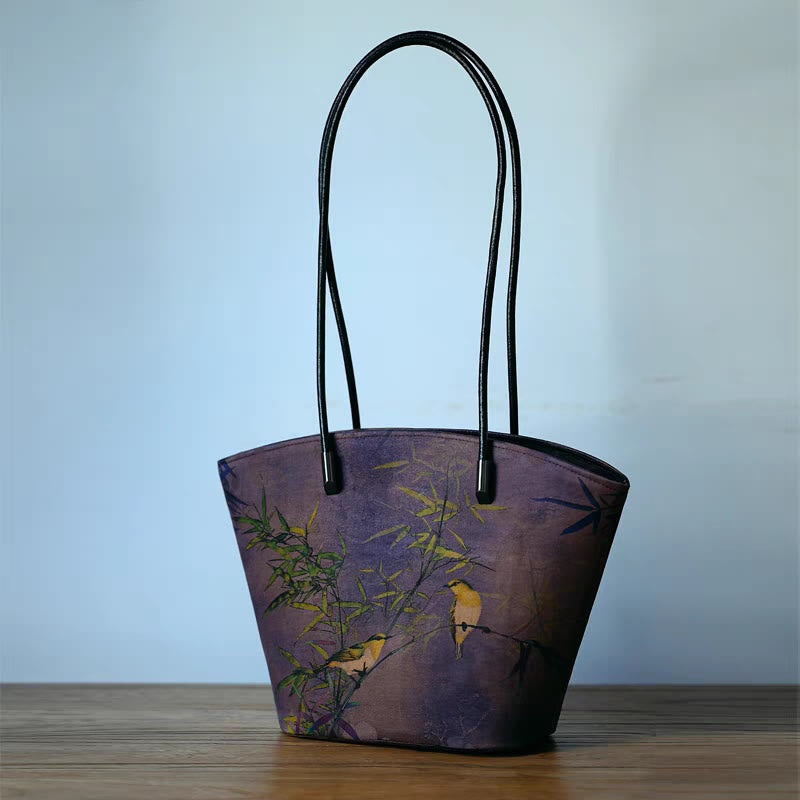 Vintage Bamboo Magpie Large Capacity Shoulder Bag with Peony Butterfly