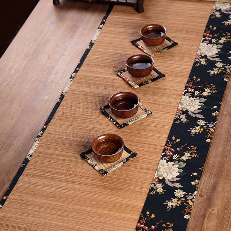 Vintage Bamboo Tea Mat 35x100cm | Peony Flower Coaster