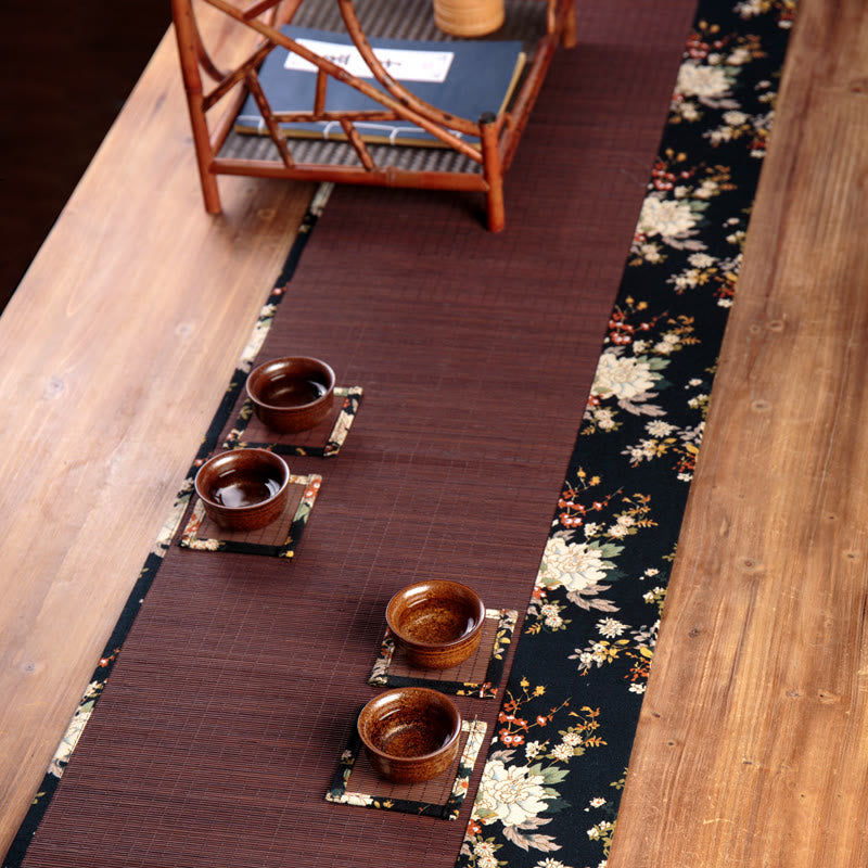 Vintage Bamboo Tea Mat 35x100cm | Peony Flower Coaster