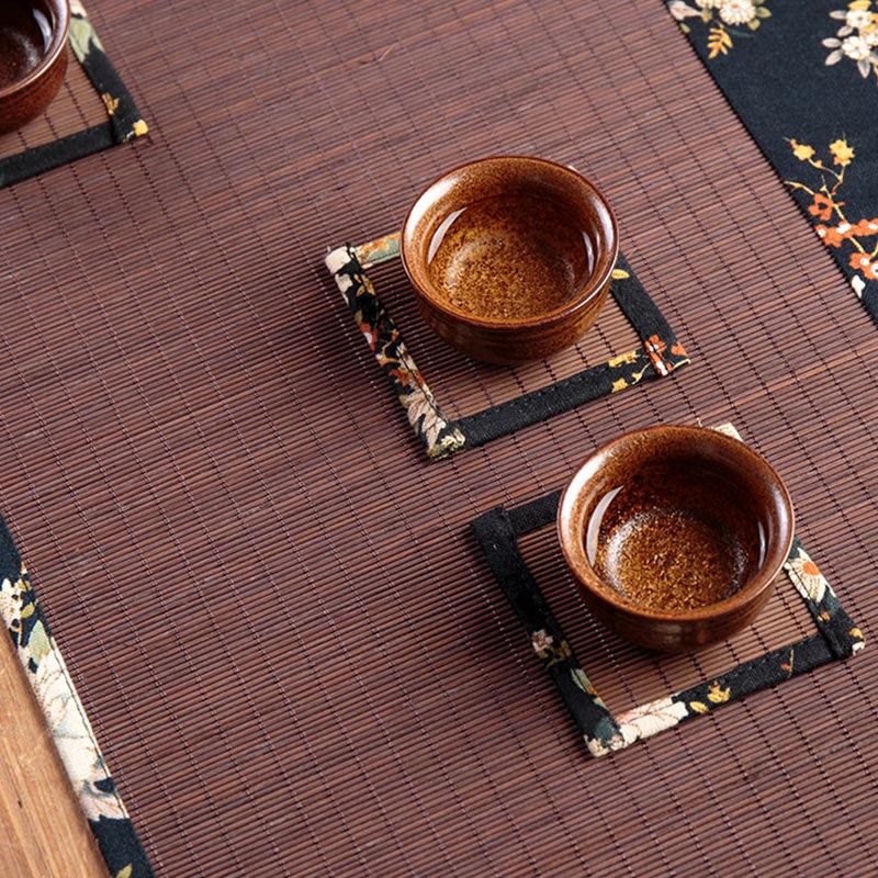 Vintage Bamboo Tea Mat 35x100cm | Peony Flower Coaster
