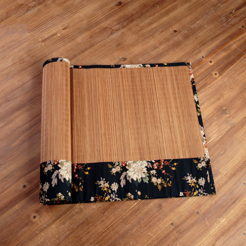 Vintage Bamboo Tea Mat 35x100cm | Peony Flower Coaster