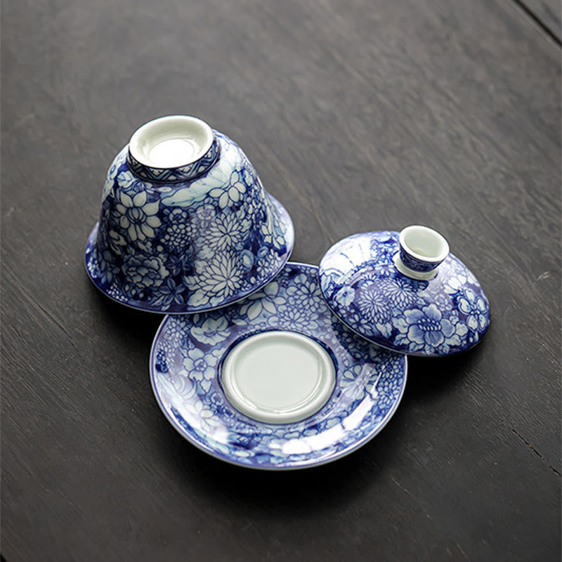Vintage Blue White Porcelain Gaiwan Tea Cup Set 150ml Meditation