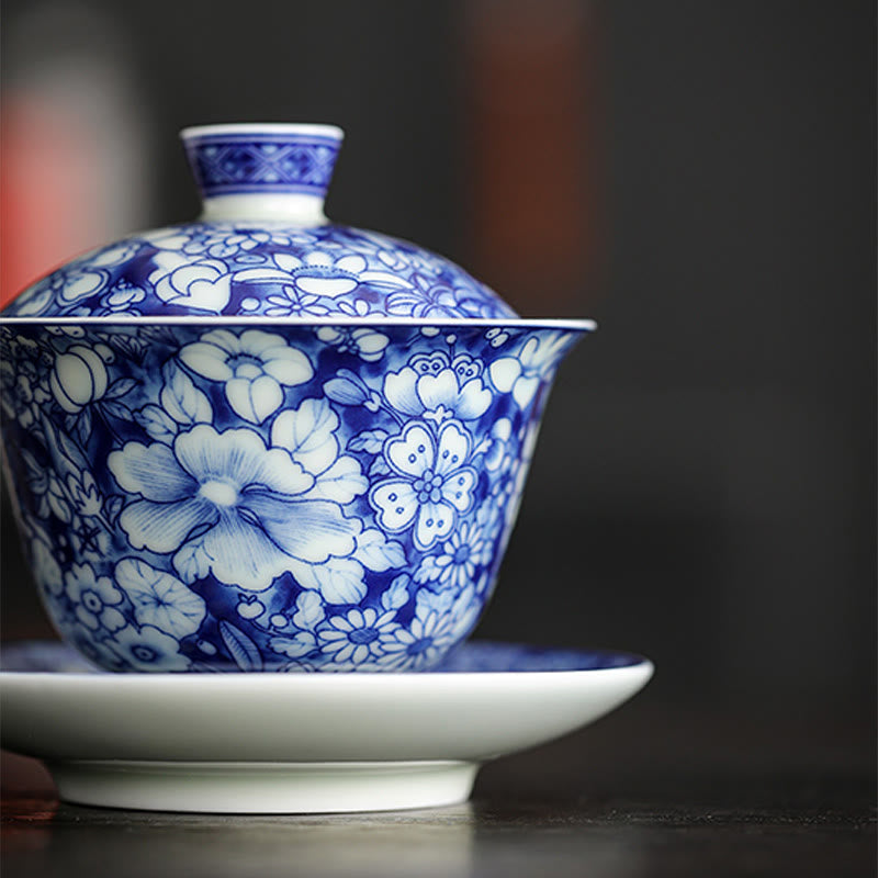 Vintage Blue White Porcelain Gaiwan Tea Cup Set 150ml Meditation