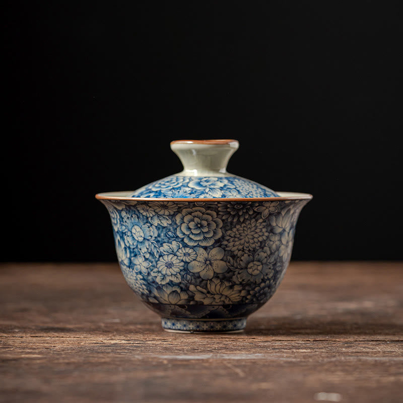 Vintage Blue White Porcelain Gaiwan Teacup with Lid 150ml